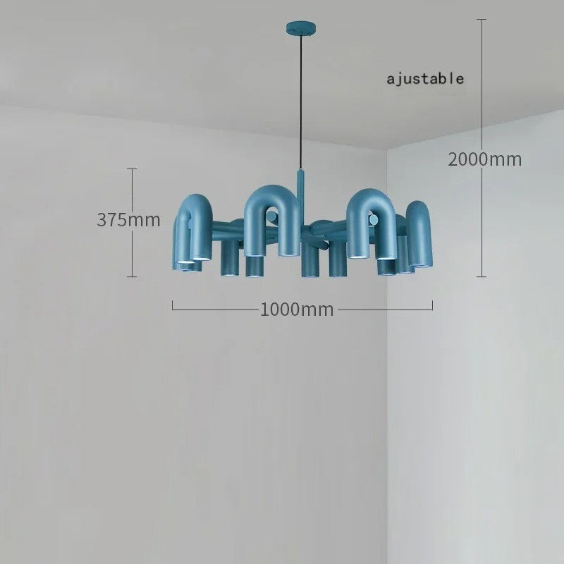 Lustre design tubulaire contemporain 16 lampes | Bleu / Dimmable