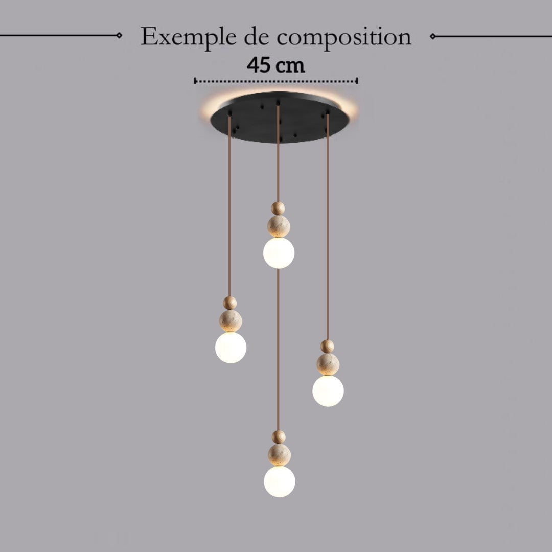 Suspension chic en verre opalin pierre naturelle et bois | PERLINE