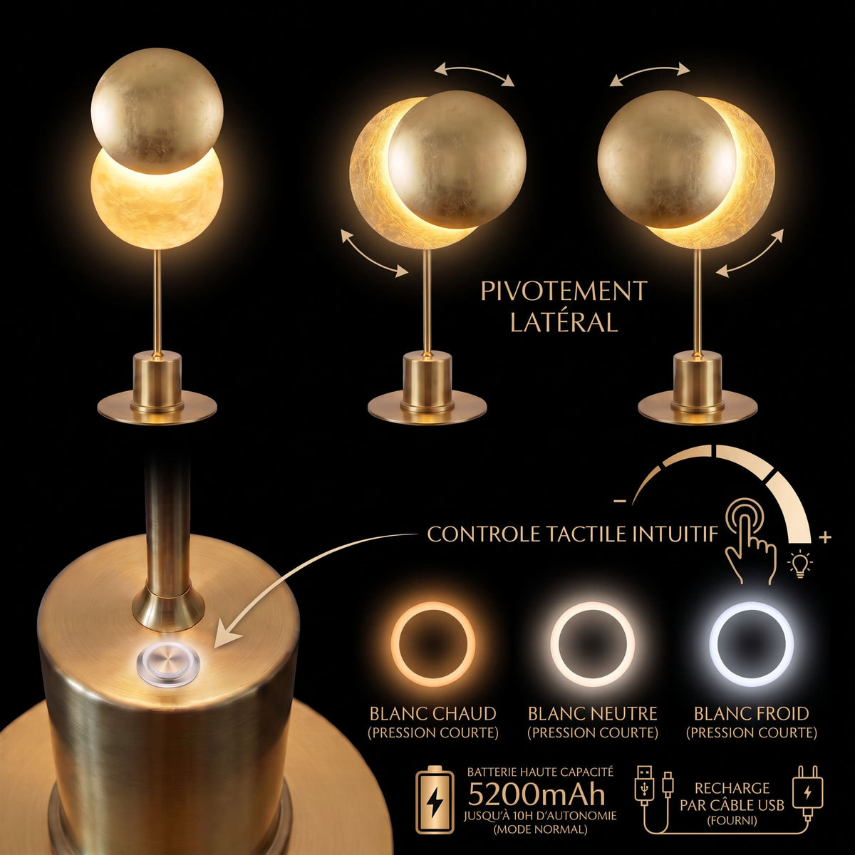 Lampe de table sans fil rechargeable ÉCLIPSE | Design chic & doré