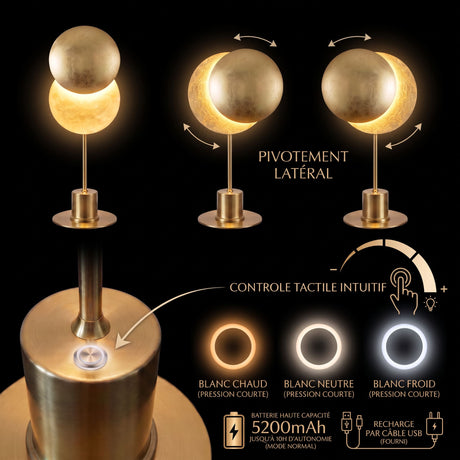 Lampe de table sans fil rechargeable ÉCLIPSE | Design chic & doré