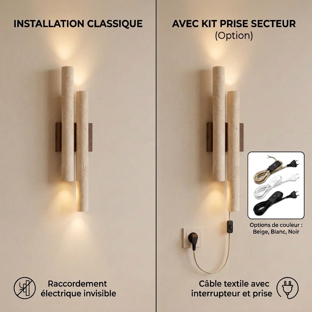 Applique murale travertin & bois | Luminaire en pierre naturelle ORGUE