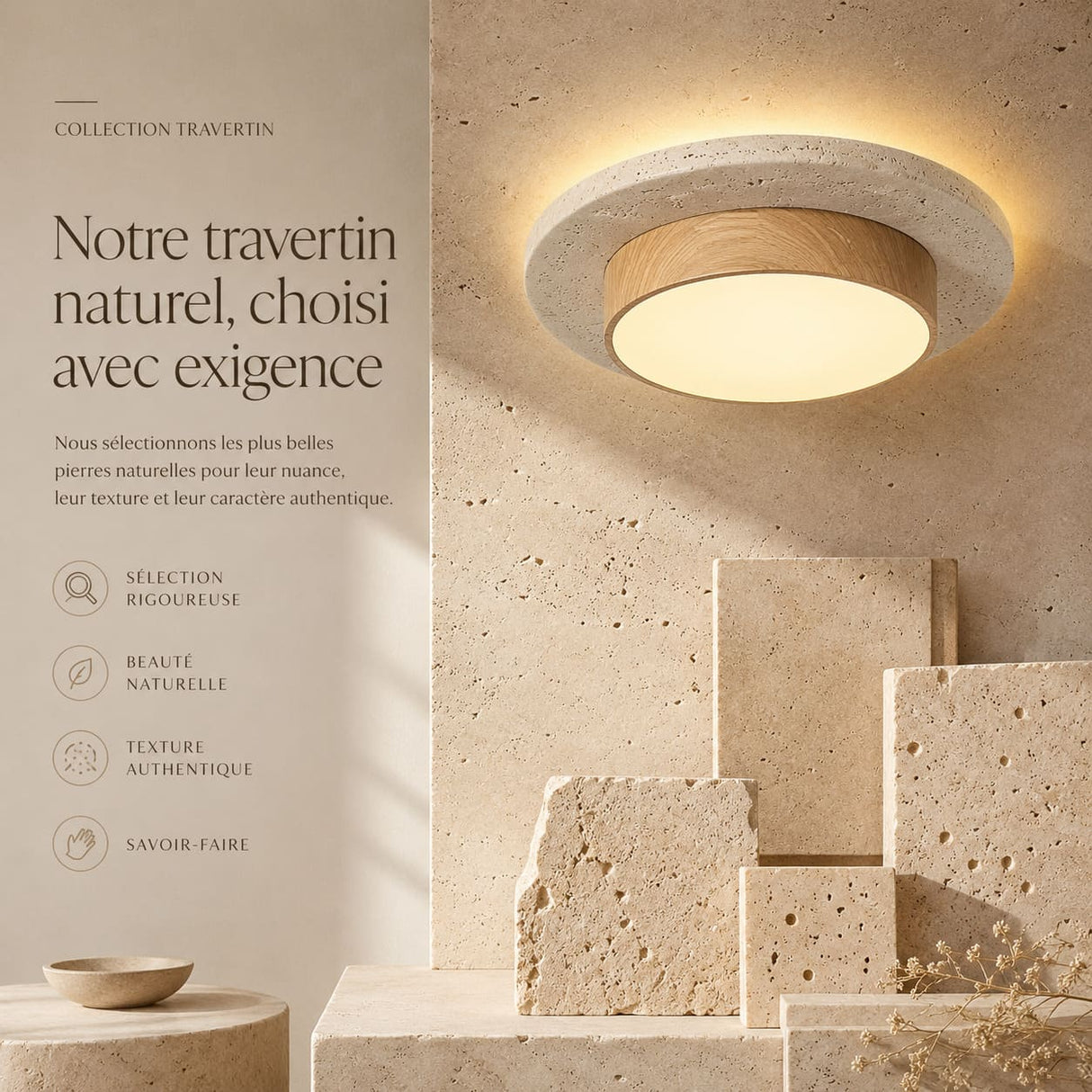 Plafonnier LED rond en travertin et bois | Design rétroéclairé en pierre naturelle ÉCLIPSE