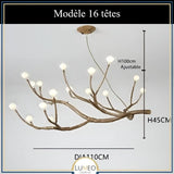 Lustre branche d’arbre à sphères lumineuses | Élégance rustique & design naturel Modèle A | 16 sphères / Blanc chaud