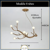 Lustre branche d’arbre à sphères lumineuses | Élégance rustique & design naturel Modèle A | 8 sphères / Blanc chaud