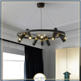 Lustre circulaire à spots orientables | Design moderne noir et or 9 têtes / Blanc chaud