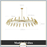 Lustre circulaire architectural en tubes à LED | Luminaire au design moderne Diamètre 130 cm 24 tubes / Or / Blanc chaud