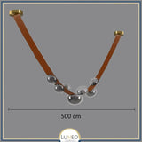 Lustre suspendu design à sangles de cuir et globes en verre Marron 5 mètres / Gris fumé / Blanc froid