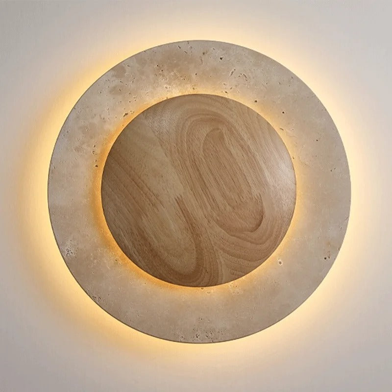 Applique murale cercle bois & pierre rétroéclairée | Luminaire mural au design naturel Blanc chaud