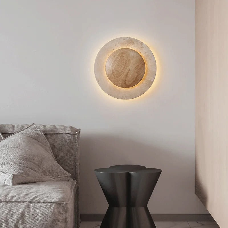 Applique murale cercle bois & pierre rétroéclairée | Luminaire mural au design naturel