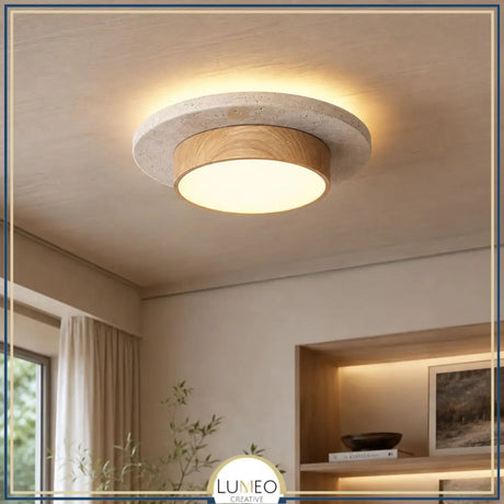 Plafonnier LED rond en travertin et bois | Design rétroéclairé en pierre naturelle ÉCLIPSE - Plafonnier