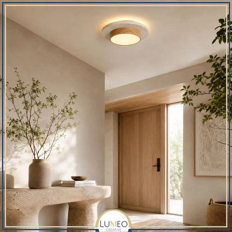 Plafonnier LED rond en travertin et bois | Design rétroéclairé en pierre naturelle ÉCLIPSE - Plafonnier