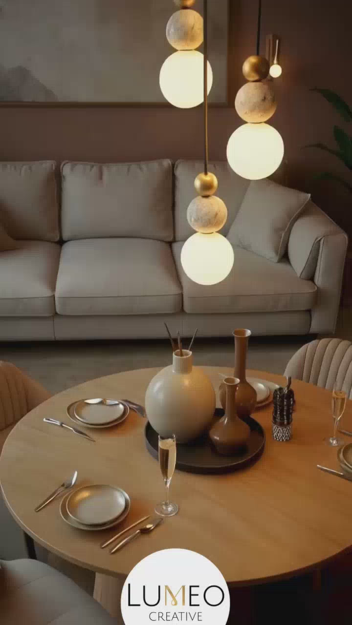 suspension luminaire salle à manger moderne en travertin, bois et verre dépoli