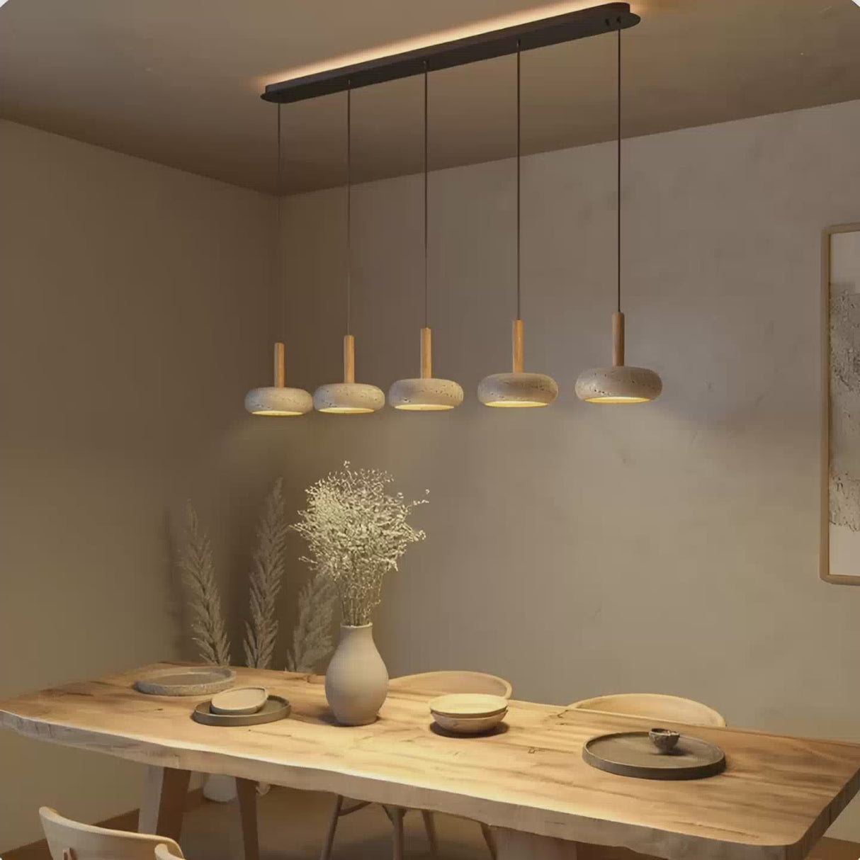 suspension salle à manger en pierre naturelle et bois | Lustre salle à manger