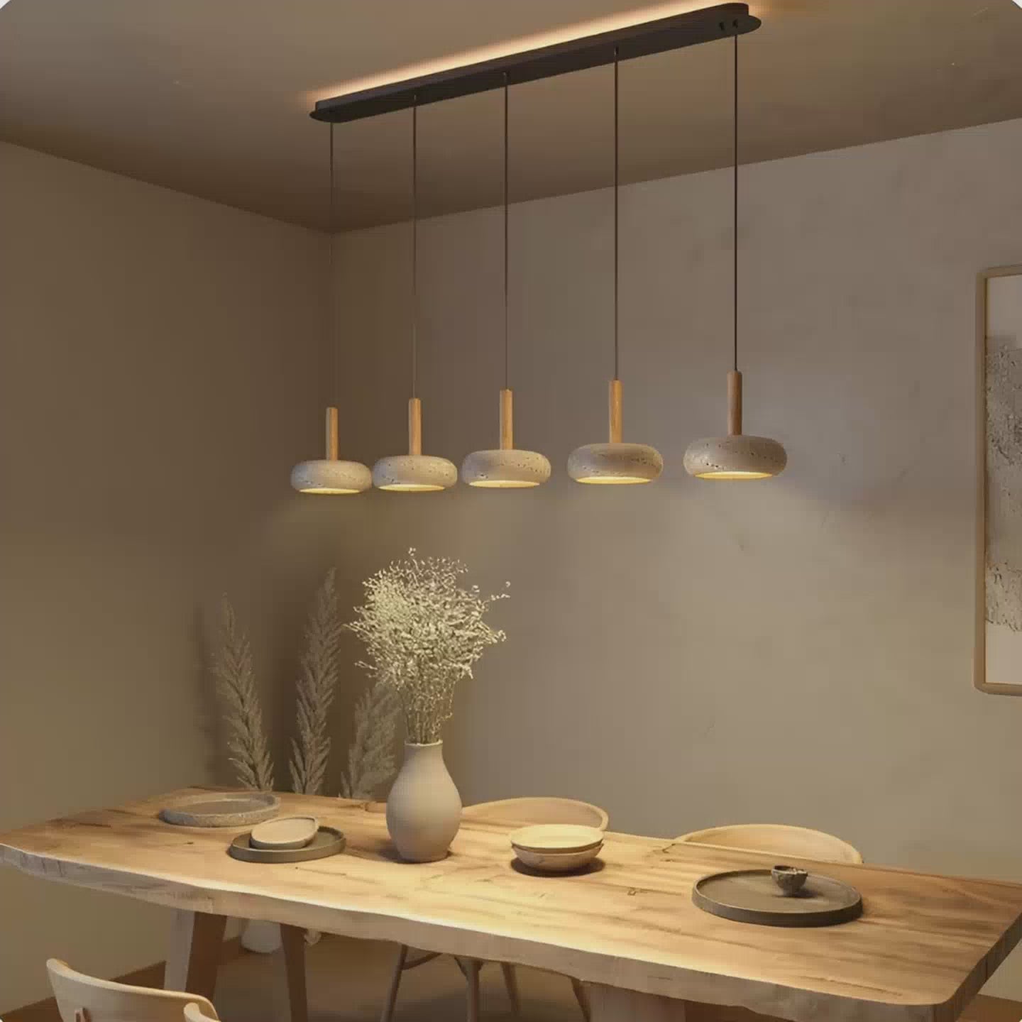 suspension salle à manger en pierre naturelle et bois | Lustre salle à manger