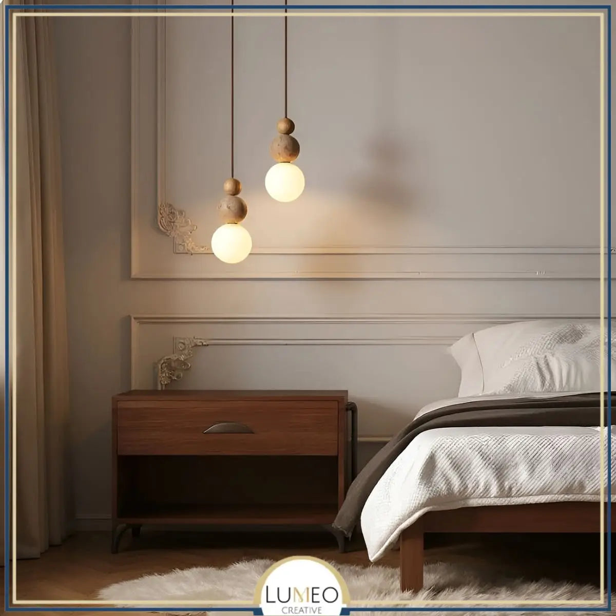 suspension de chevet dans une chambre chic, tendance et moderne. Luminaire suspendu tendance