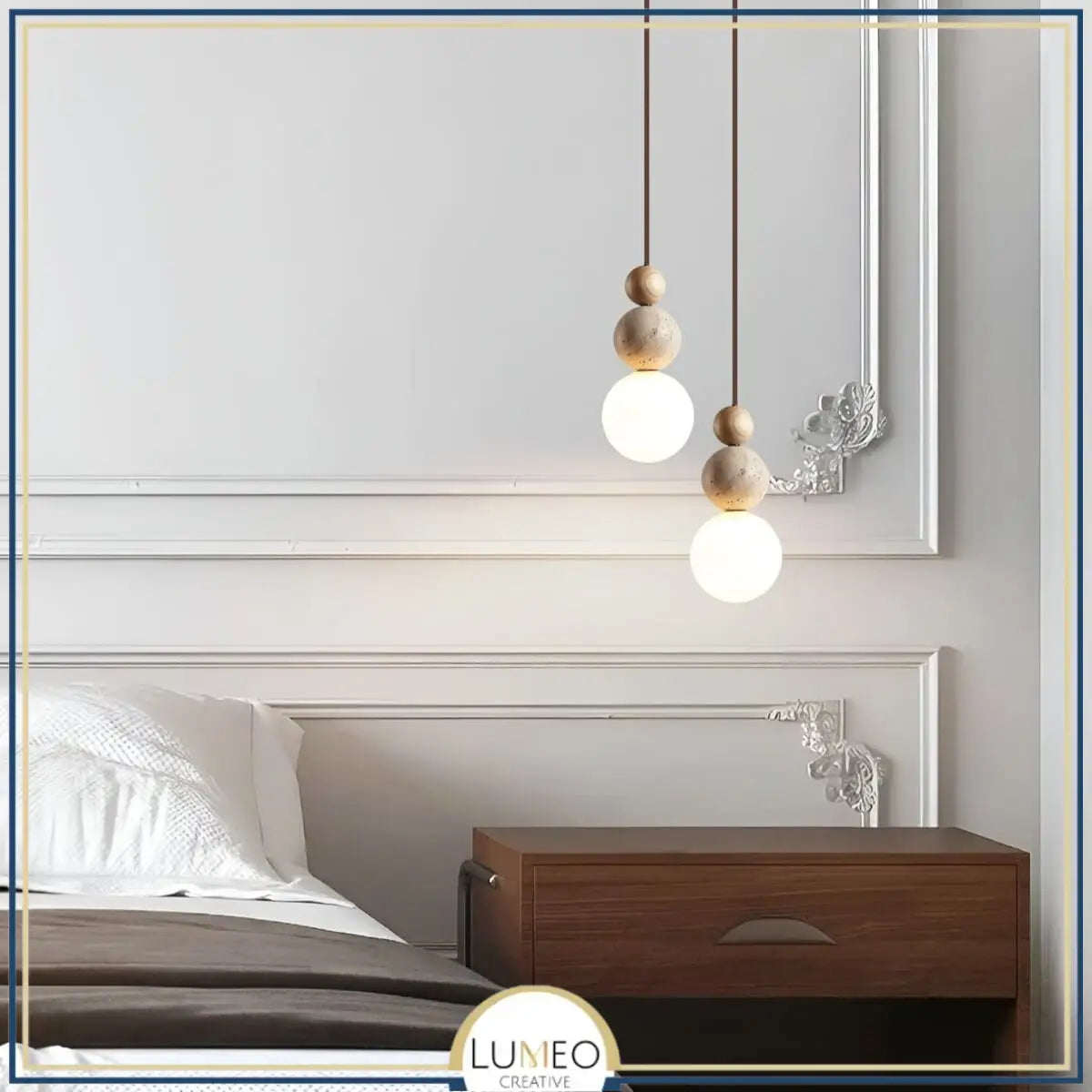 Suspension chic en verre opalin pierre naturelle et bois | PERLINE