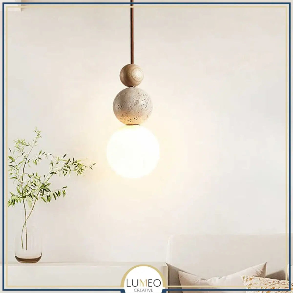 Suspension chic en verre opalin pierre naturelle et bois | PERLINE