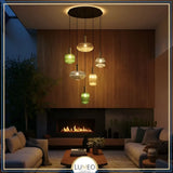 Grand lustre hauteur sous plafond en verre. Suspension xxl pour plafond cathédrale.