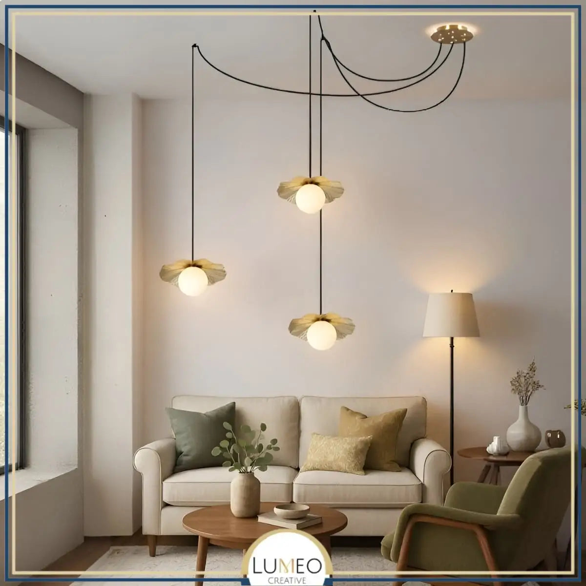 Suspension déportée style araignée en cuivre et verre dépoli