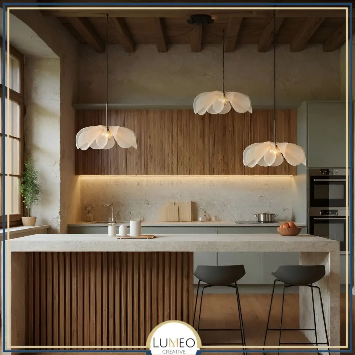 suspension déportée et excentrée fleur en tissu style wabi sabi et scandinave pour ilot de cuisine moderne