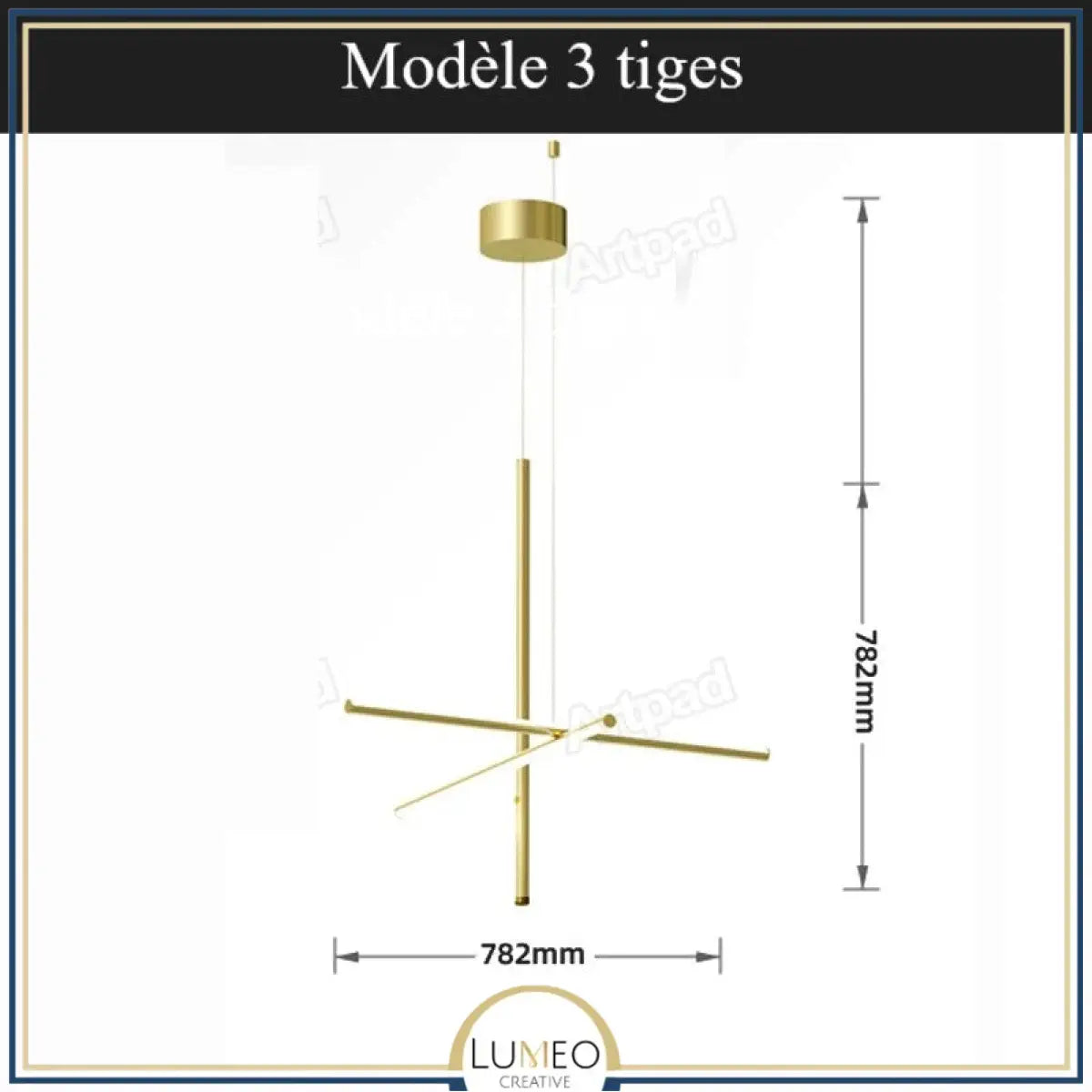 Suspension géométrique LED contemporaine | Tubes personnalisables 3 tiges / Or / Blanc chaud