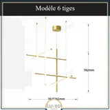 Suspension géométrique LED contemporaine | Tubes personnalisables 6 tiges / Or / Blanc chaud