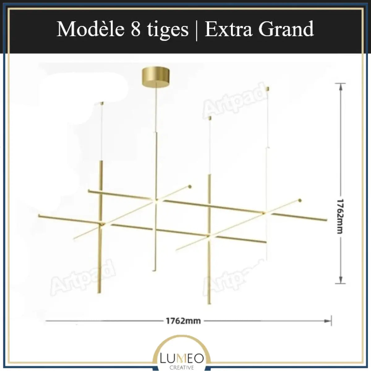 Suspension géométrique LED contemporaine | Tubes personnalisables 8 tiges | Extra Grand / Or / Blanc chaud