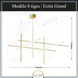 Suspension géométrique LED contemporaine | Tubes personnalisables 8 tiges | Extra Grand / Or / Blanc chaud