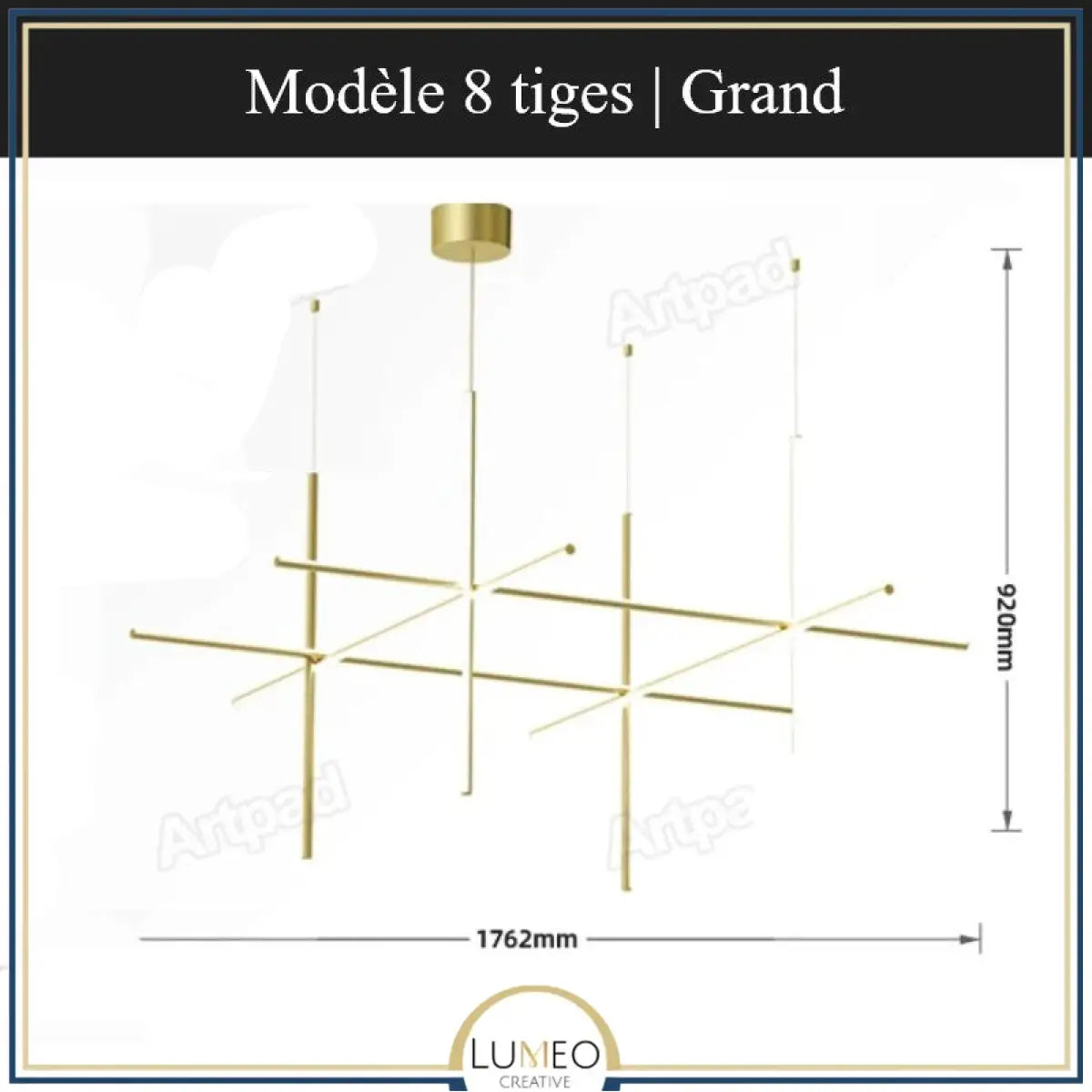 Suspension géométrique LED contemporaine | Tubes personnalisables 8 tiges | Grand / Or / Blanc chaud