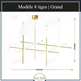 Suspension géométrique LED contemporaine | Tubes personnalisables 8 tiges | Grand / Or / Blanc chaud