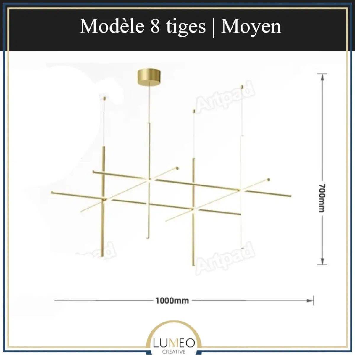 Suspension géométrique LED contemporaine | Tubes personnalisables 8 tiges | Moyen / Or / Blanc chaud