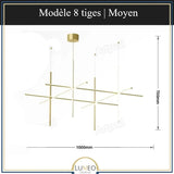 Suspension géométrique LED contemporaine | Tubes personnalisables 8 tiges | Moyen / Or / Blanc chaud