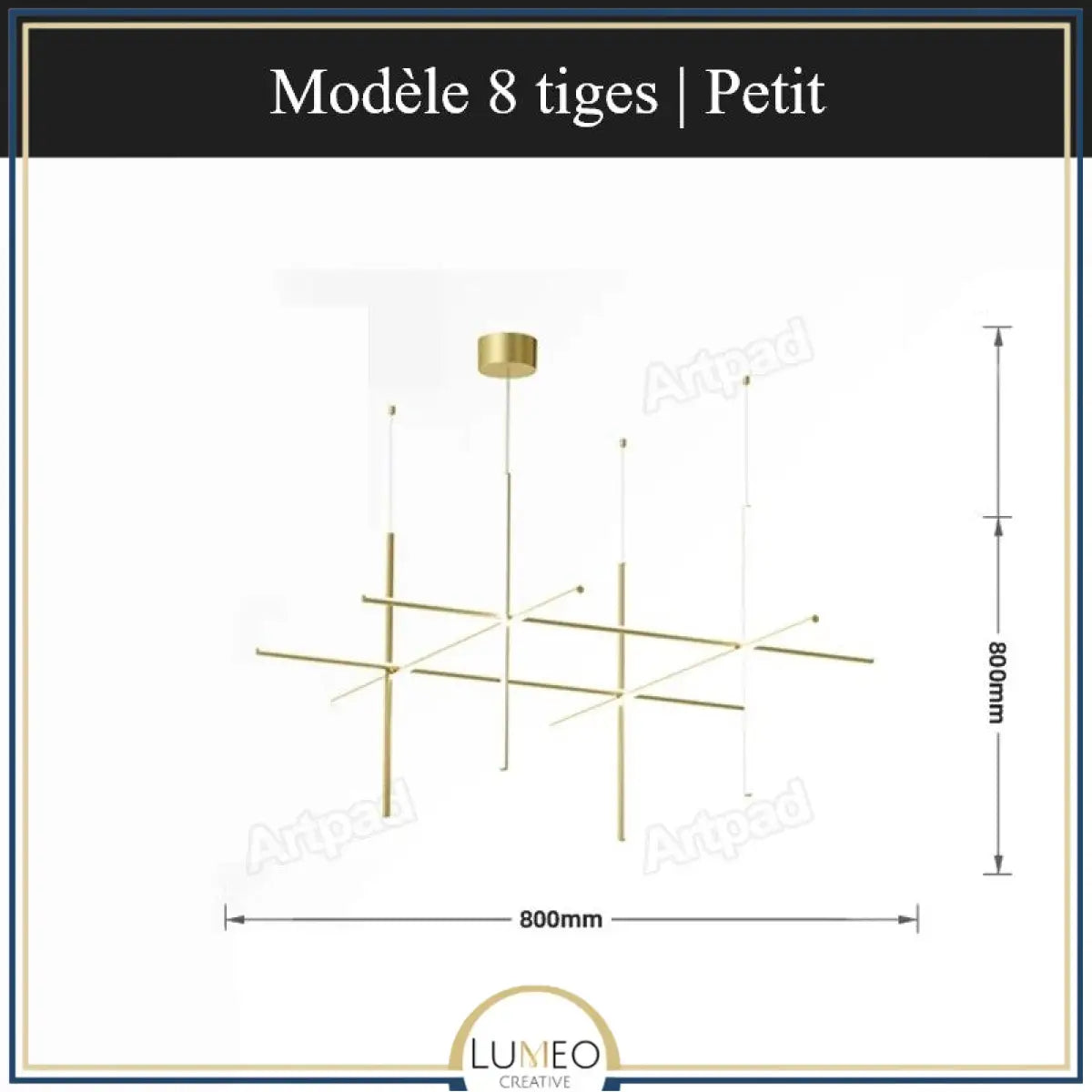 Suspension géométrique LED contemporaine | Tubes personnalisables 8 tiges | Petit / Or / Blanc chaud