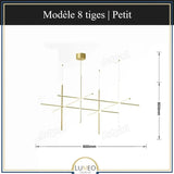 Suspension géométrique LED contemporaine | Tubes personnalisables 8 tiges | Petit / Or / Blanc chaud