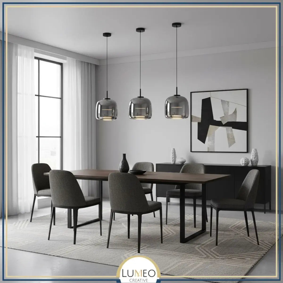 suspension design en verre teinté et fumé gris intense et à LED dans une salle à manger