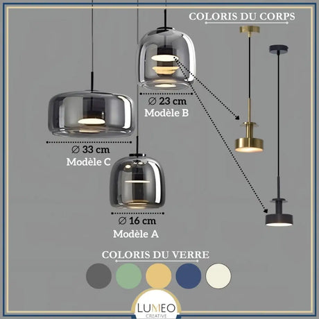 taille et dimension suspension nova en verre teinté lumeo creative