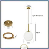 Suspension noir ou doré & boule en verre dépoli 20 cm | Or / Tube / Blanc chaud