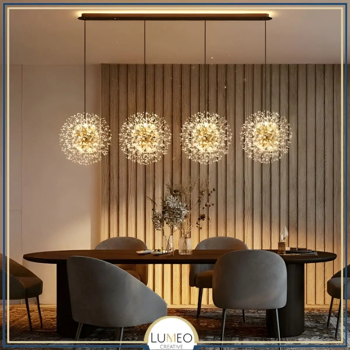 suspension pissenlit dorée ronde dans une salle à manger moderne