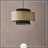 Suspension ronde en rotin tressé style bohème 40 cm / Noir / Blanc froid