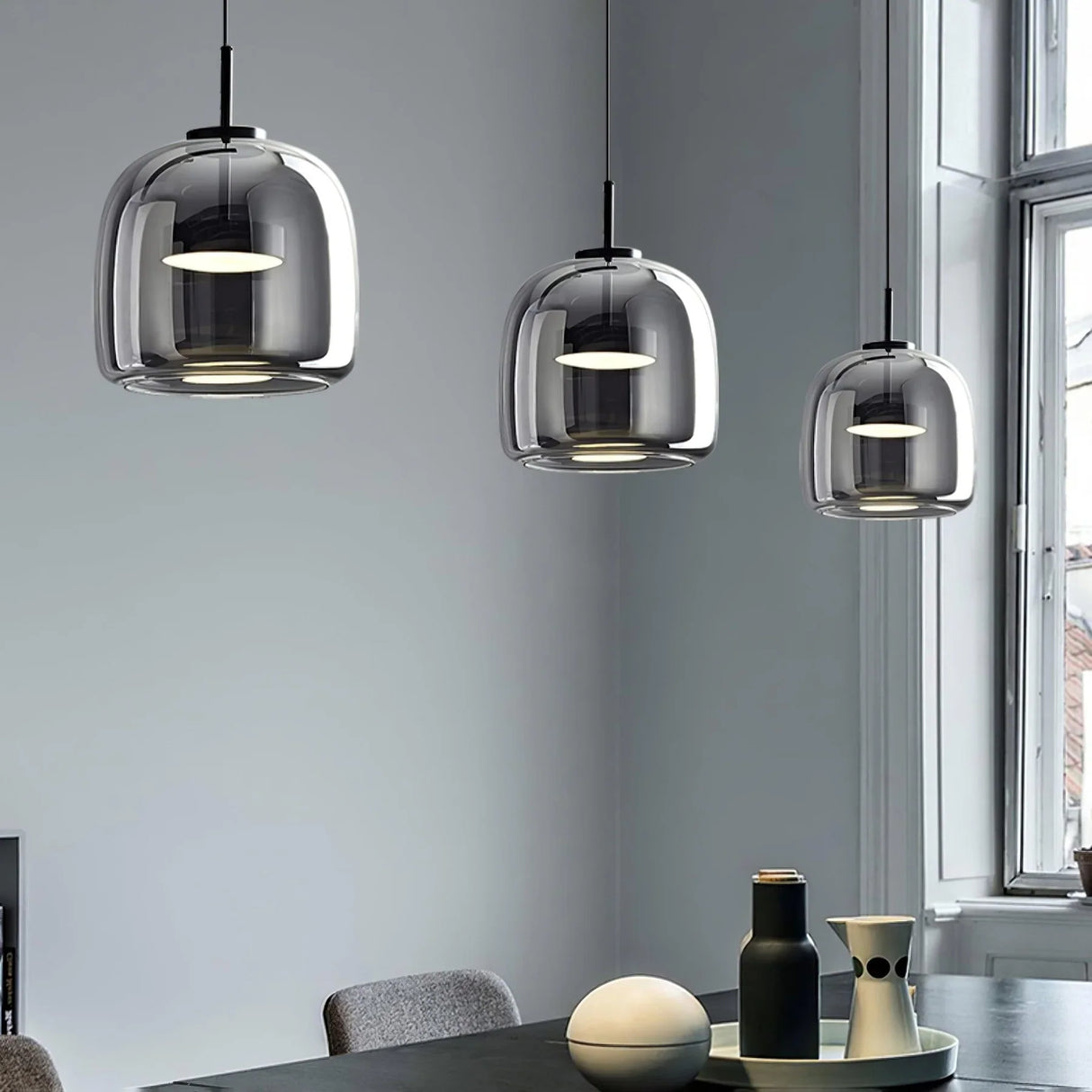 suspension LED design en verre teinté et fumé gris