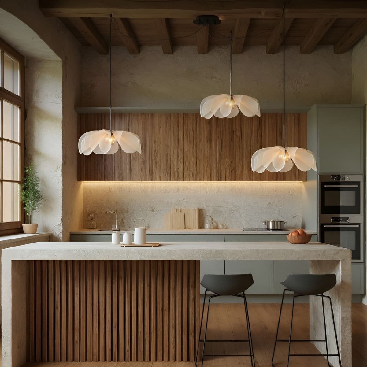 suspension déportée et excentrée fleur en tissu style wabi sabi et scandinave pour ilot de cuisine moderne