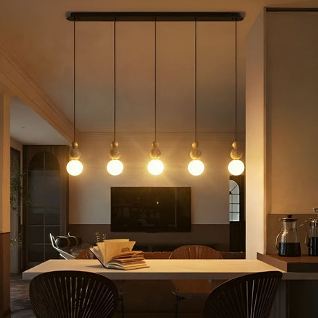 suspension design en pierre bois et verre dépoli opale salle à manger, ilot et salon