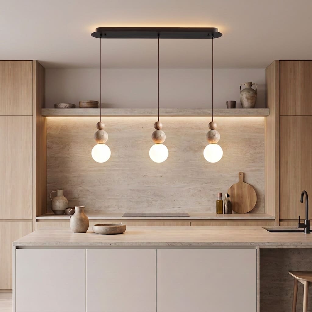 Suspension chic en verre opalin, pierre naturelle et bois | PERLINE