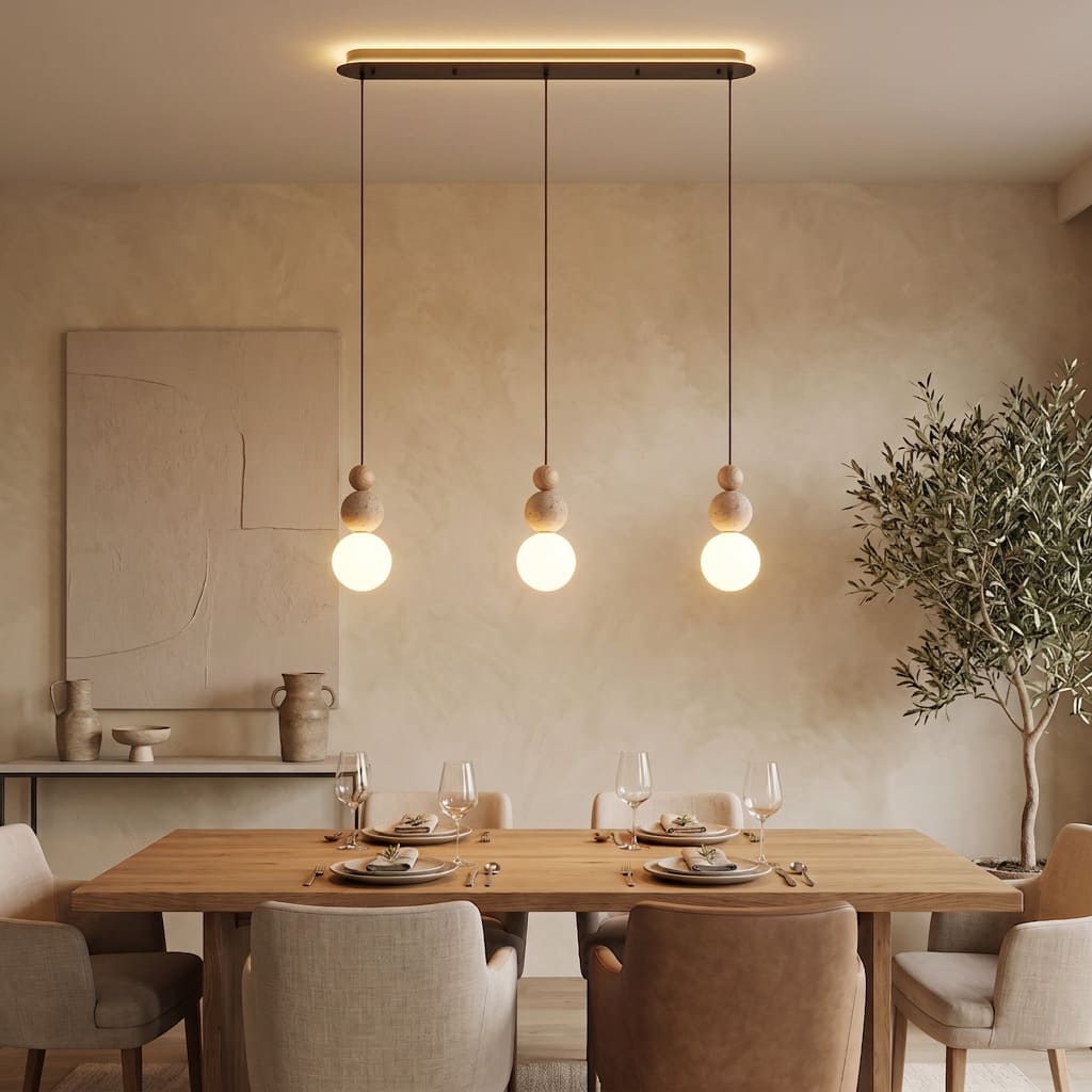 Suspension chic en verre opalin, pierre naturelle et bois | PERLINE