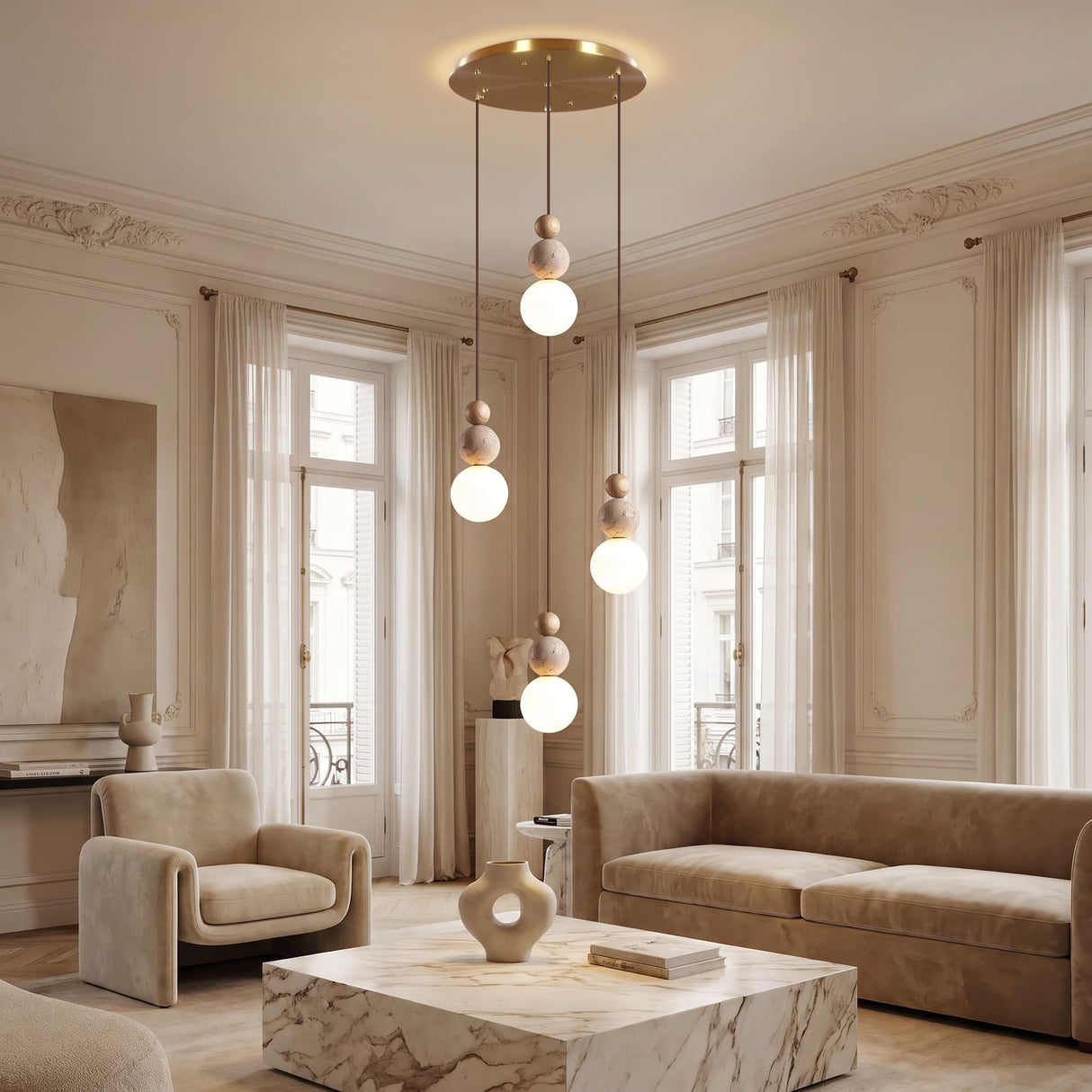 Suspension chic en verre opalin, pierre naturelle et bois | PERLINE