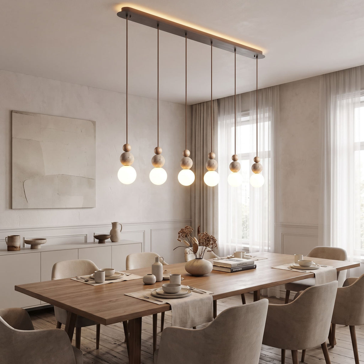 Suspension chic en verre opalin, pierre naturelle et bois | PERLINE