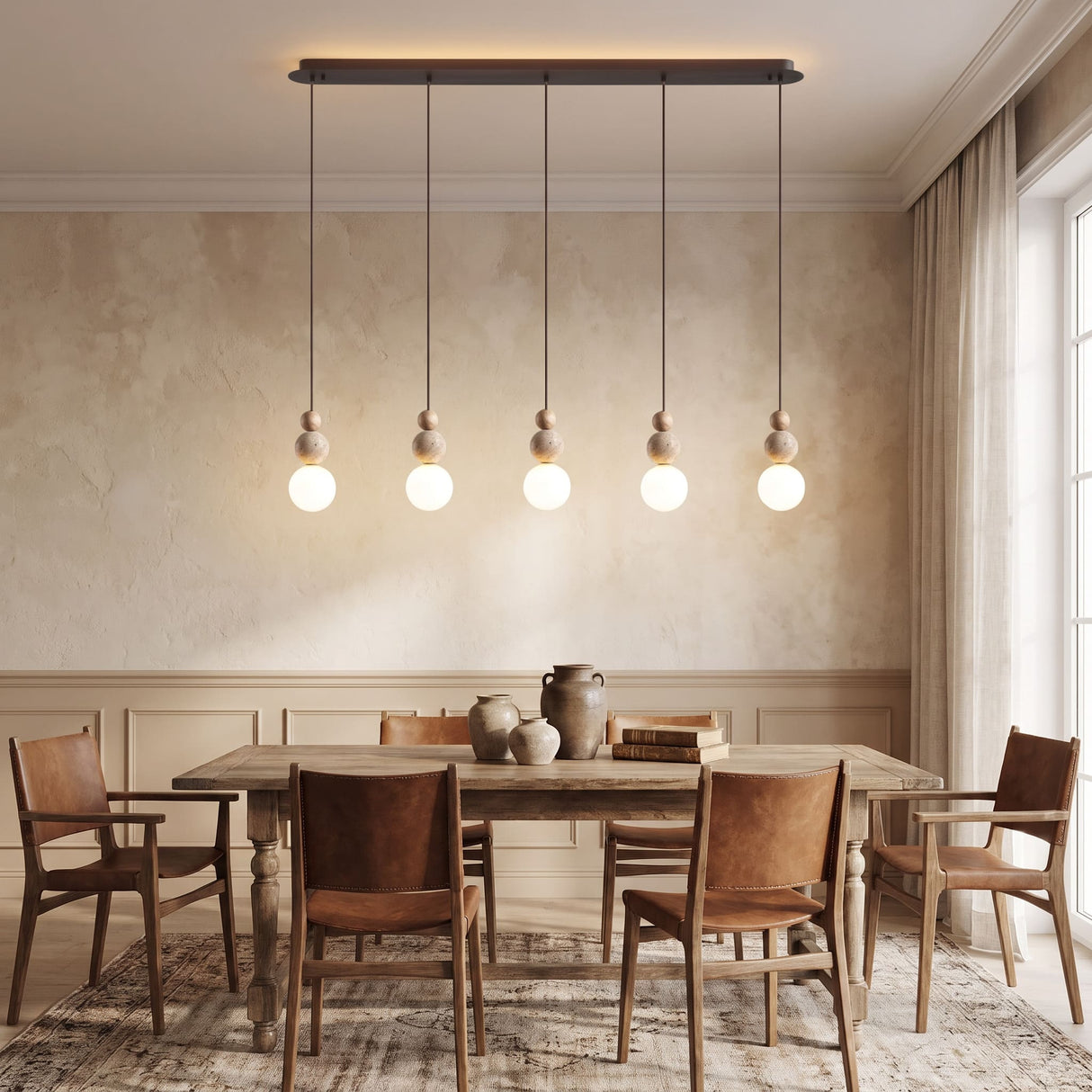 Suspension chic en verre opalin, pierre naturelle et bois | PERLINE