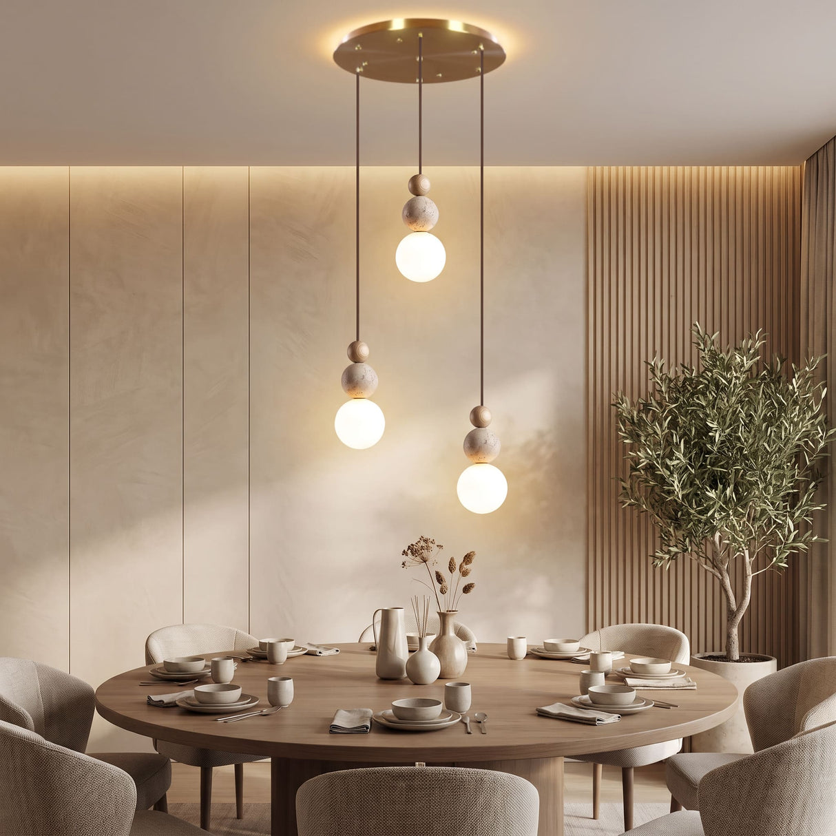 Suspension chic en verre opalin, pierre naturelle et bois | PERLINE