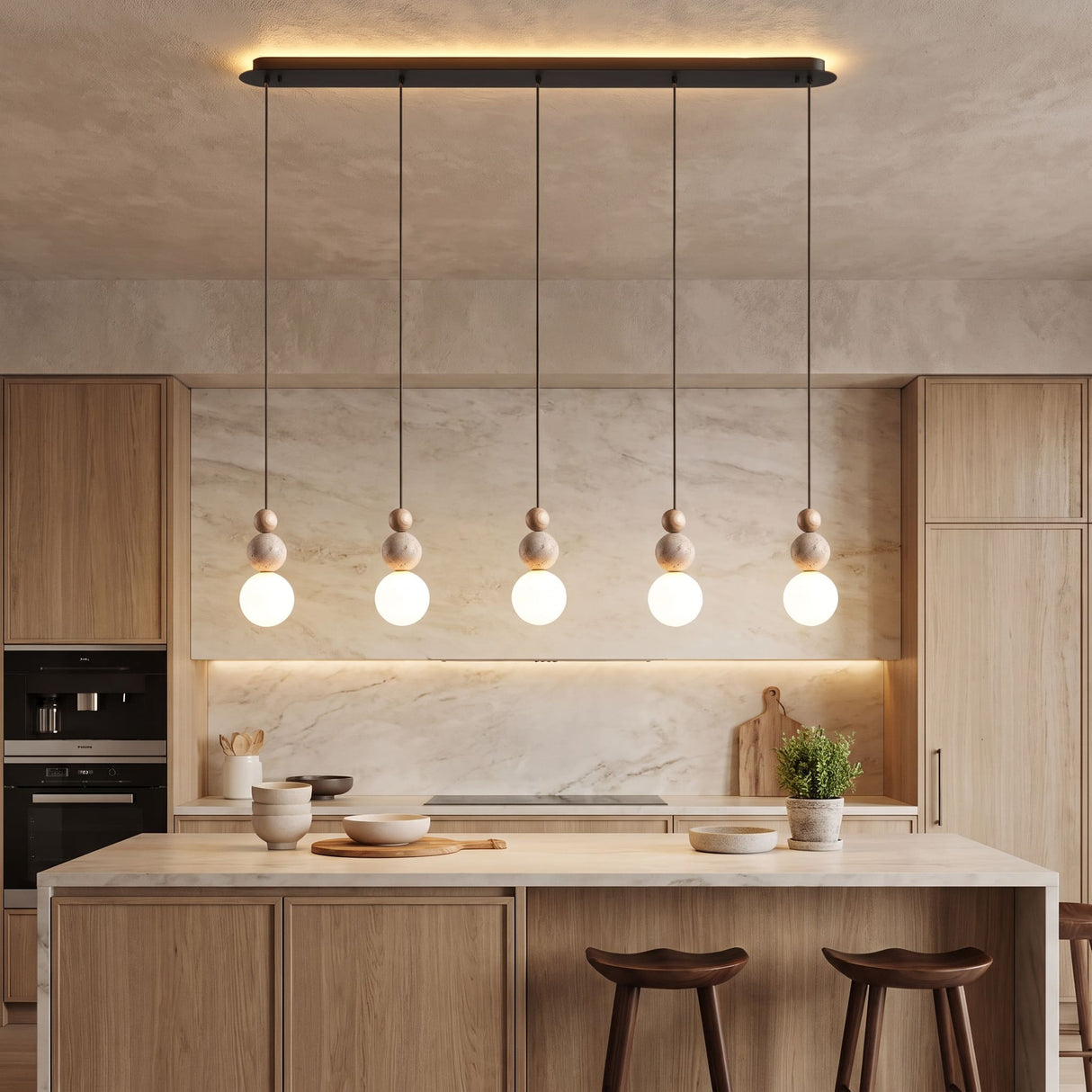 Suspension chic en verre opalin, pierre naturelle et bois | PERLINE