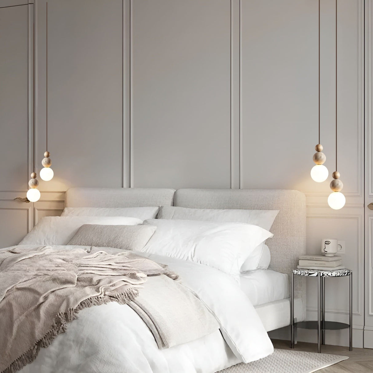 Suspension chic en verre opalin, pierre naturelle et bois | PERLINE